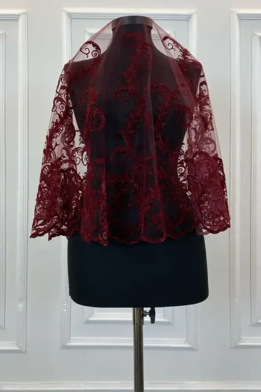 Bordo Simli Komple Uzun Desenli Gelin Ro'mol To'plami, Xina Ro'moli-FLOKUZUNBORDO - 5