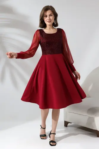 BORDO Simli Yuvarlak Yaka Elbise F119-BORDO 