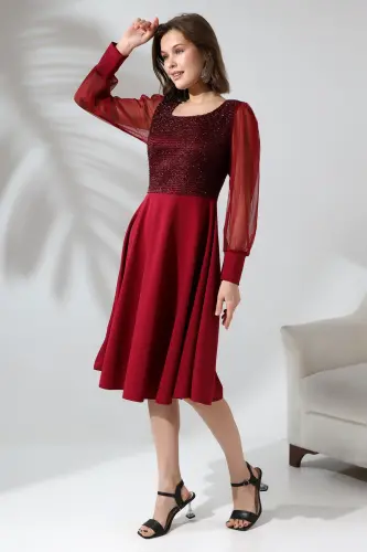 BORDO Simli Yuvarlak Yaka Elbise F119-BORDO - FASMIA (1)