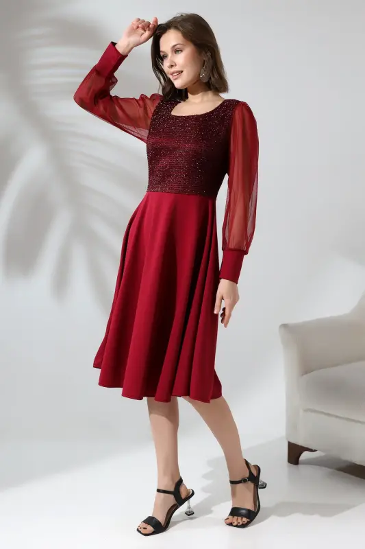 BORDO Simli Yuvarlak Yaka Elbise F119-BORDO - 2
