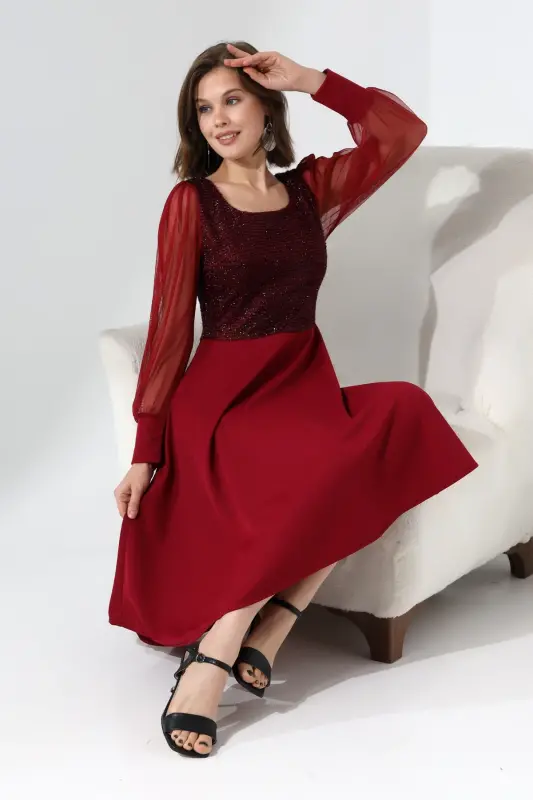 BORDO Simli Yuvarlak Yaka Elbise F119-BORDO - 3