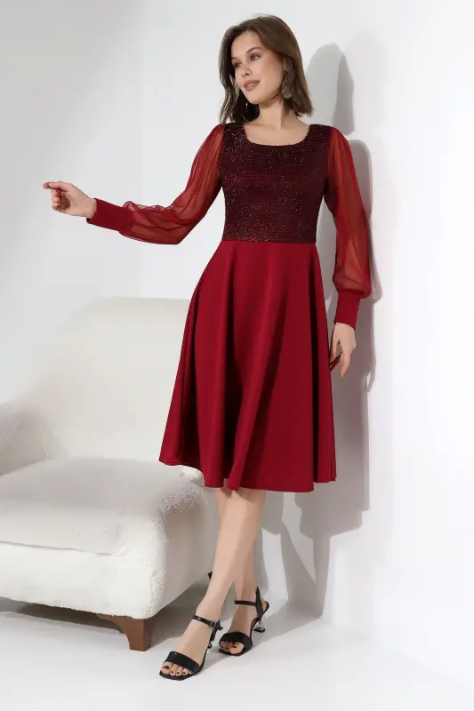 BORDO Simli Yuvarlak Yaka Elbise F119-BORDO - 4