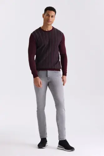 Bordo Slim Fit Bisiklet Yaka Çizgi Desenli Triko Kazak - 3