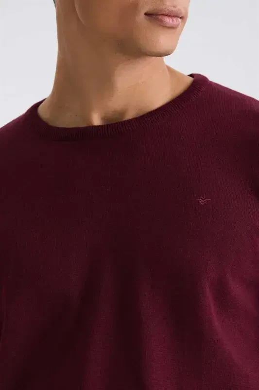 Bordo Slim Fit Bisiklet Yaka Triko Kazak - 3