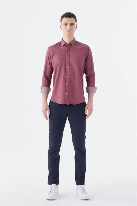 Bordo Slim Fit Cepli Düğmeli Yaka %100 Pamuk Gömlek - 2