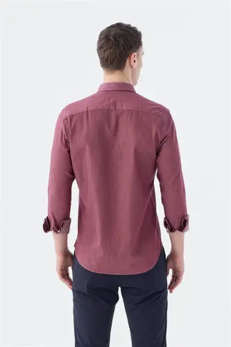 Bordo Slim Fit Cepli Düğmeli Yaka %100 Pamuk Gömlek - 4