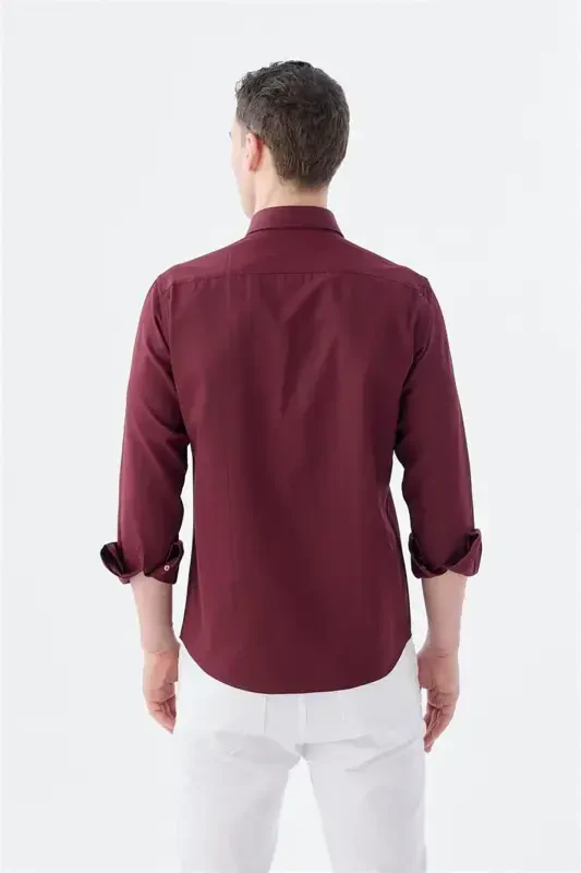 Bordo Slim Fit Desenli Düğmeli Yaka Pamuklu Gömlek - 4