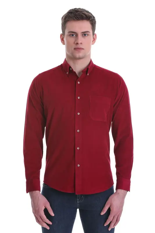 Bordo Slim Fit Düz 100% Pamuklu Düğmeli Yaka Uzun Kollu Klasik Gömlek-Bordo - 1