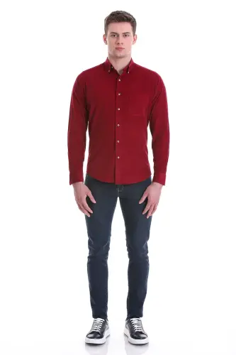 Bordo Slim Fit Düz 100% Pamuklu Düğmeli Yaka Uzun Kollu Klasik Gömlek-Bordo - 2