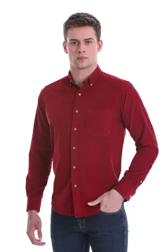 Bordo Slim Fit Düz 100% Pamuklu Düğmeli Yaka Uzun Kollu Klasik Gömlek-Bordo - 3