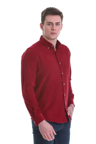 Bordo Slim Fit Düz 100% Pamuklu Düğmeli Yaka Uzun Kollu Klasik Gömlek-Bordo - 4