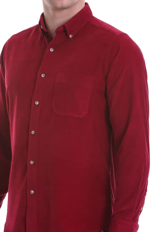 Bordo Slim Fit Düz 100% Pamuklu Düğmeli Yaka Uzun Kollu Klasik Gömlek-Bordo - 5