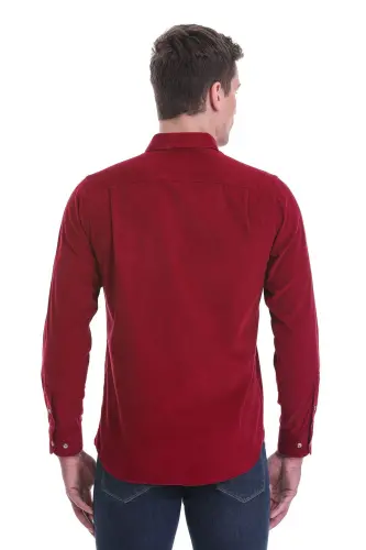 Bordo Slim Fit Düz 100% Pamuklu Düğmeli Yaka Uzun Kollu Klasik Gömlek-Bordo - 6