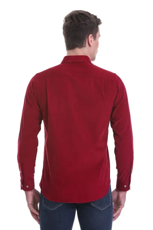 Bordo Slim Fit Düz 100% Pamuklu Düğmeli Yaka Uzun Kollu Klasik Gömlek-Bordo - 6