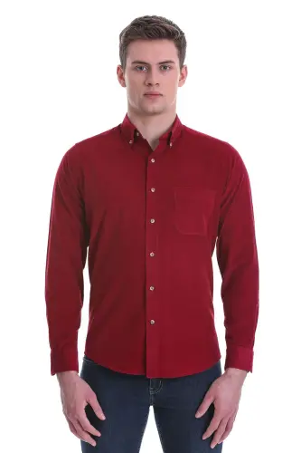 Bordo Slim Fit Düz 100% Pamuklu Düğmeli Yaka Uzun Kollu Klasik Gömlek - Bordo 