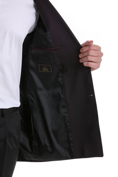 Bordo Slim Fit Düz Sivri Yaka Klasik Kruvaze Smokin Damatlık-Bordo - 7