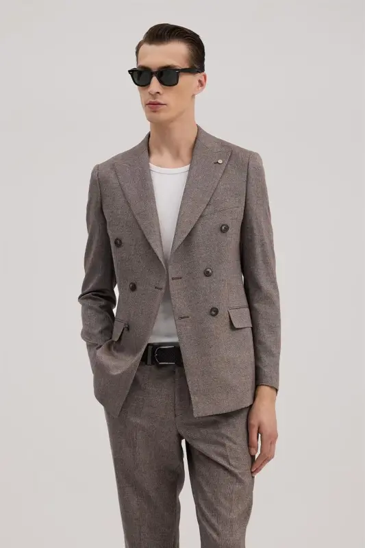 Bordo Slim Fit Ekoseli Kruvaze Takım Elbise - 1