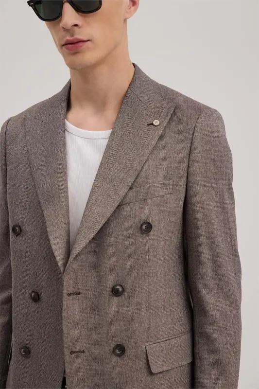 Bordo Slim Fit Ekoseli Kruvaze Takım Elbise - 2
