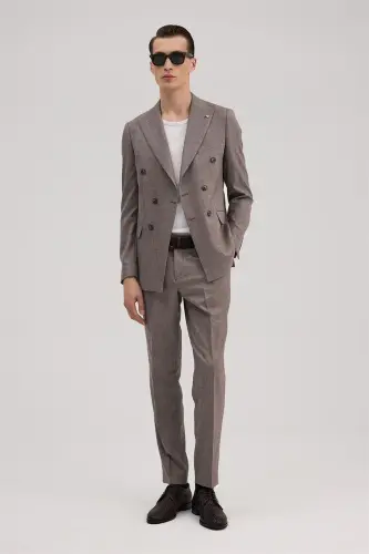 Bordo Slim Fit Ekoseli Kruvaze Takım Elbise - 5
