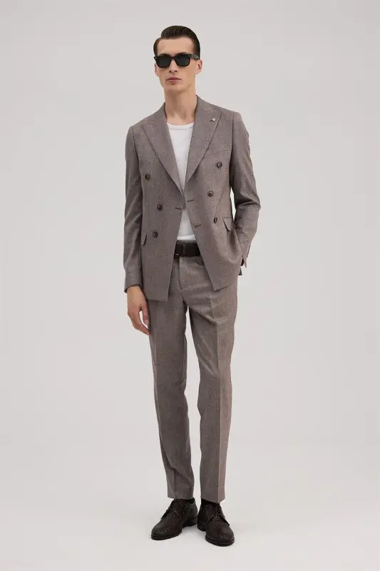 Bordo Slim Fit Ekoseli Kruvaze Takım Elbise - 5
