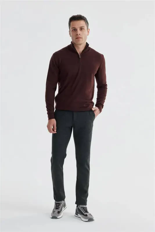 Bordo Slim Fit Fermuarlı Dik Yaka Triko Kazak - 1