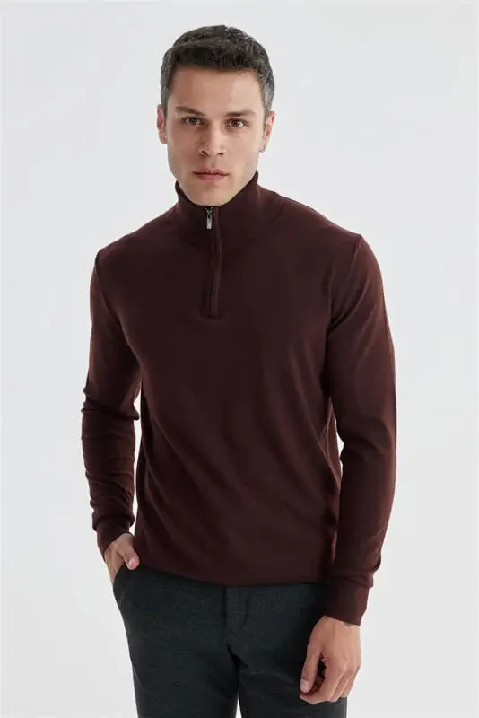 Bordo Slim Fit Fermuarlı Dik Yaka Triko Kazak - 2