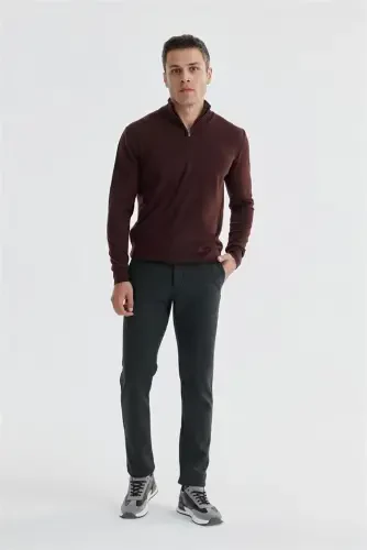 Bordo Slim Fit Fermuarlı Dik Yaka Triko Kazak - 1