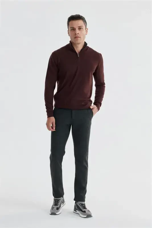 Bordo Slim Fit Fermuarlı Dik Yaka Triko Kazak - Modazone