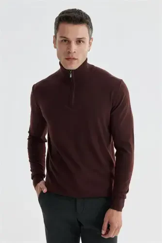 Bordo Slim Fit Fermuarlı Dik Yaka Triko Kazak - Modazone (1)