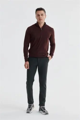 Bordo Slim Fit Fermuarlı Dik Yaka Triko Kazak 
