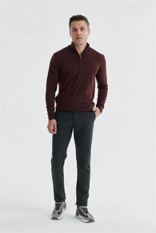 Bordo Slim Fit Fermuarlı Dik Yaka Triko Kazak - Jakamen