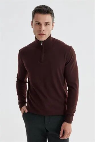 Bordo Slim Fit Fermuarlı Dik Yaka Triko Kazak - Jakamen (1)