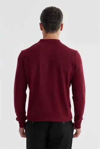 Bordo Slim Fit Pamuklu Desenli Fermuarlı Polo Yaka Triko Kazak - 4