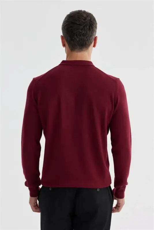Bordo Slim Fit Pamuklu Desenli Fermuarlı Polo Yaka Triko Kazak - 4