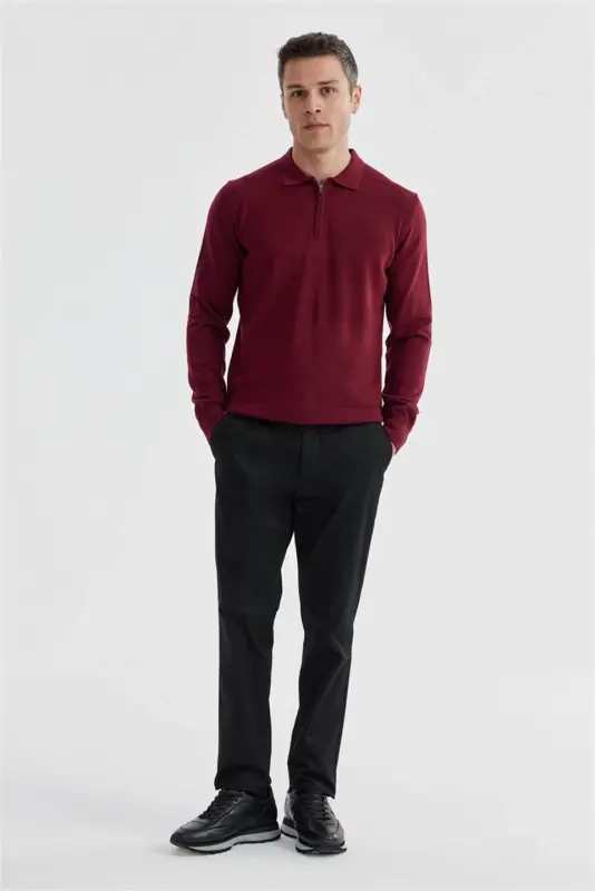 Bordo Slim Fit Paxta naqshli fermuarli polo yoqali trikotaj kozok - 2
