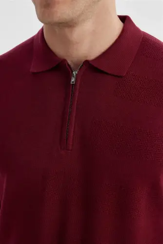Bordo Slim Fit Paxta naqshli fermuarli polo yoqali trikotaj kozok - 3