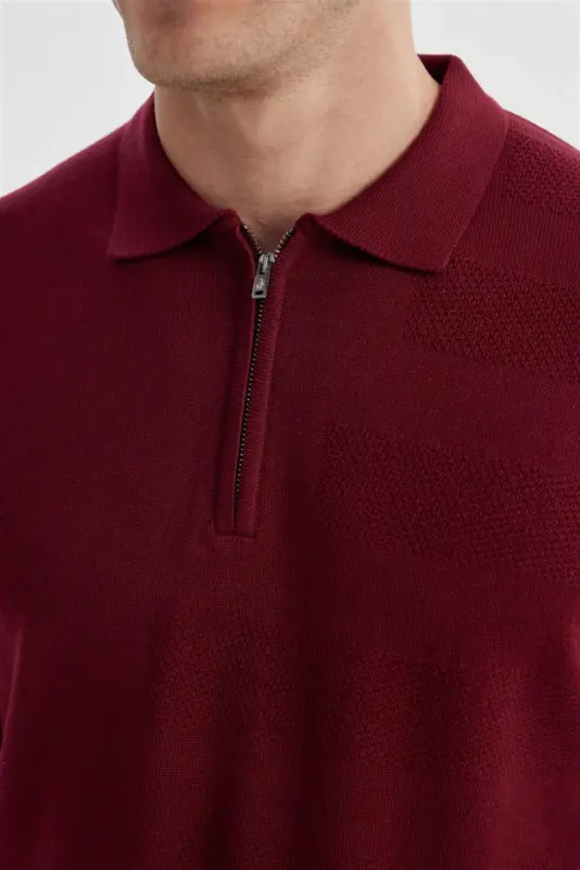 Bordo Slim Fit Paxta naqshli fermuarli polo yoqali trikotaj kozok - 3