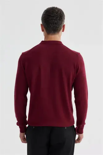 Bordo Slim Fit Paxta naqshli fermuarli polo yoqali trikotaj kozok - 4