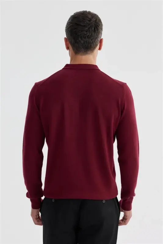 Bordo Slim Fit Paxta naqshli fermuarli polo yoqali trikotaj kozok - 4