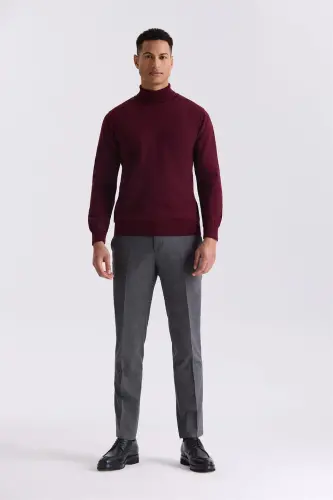 Bordo Slim Fit Tam Balıkçı Yaka Triko Kazak - 2