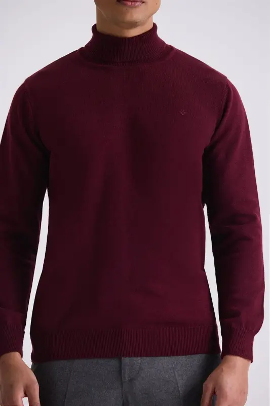 Bordo Slim Fit Tam Balıkçı Yaka Triko Kazak - 3
