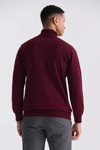 Bordo Slim Fit Tam Balıkçı Yaka Triko Kazak - 4