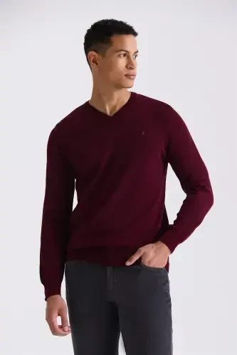 Bordo Slim Fit V Yaka Triko Kazak 