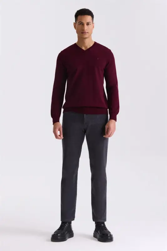 Bordo Slim Fit V Yaka Triko Kazak - 2