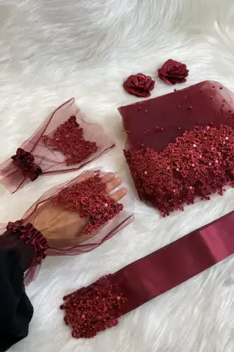 Bordo Vip Gelin Duvak Seti, Papatya Güpürlü Boncuklu Pullu Incili Kına Duvağı Seti 6 Parça-Bordo - 6