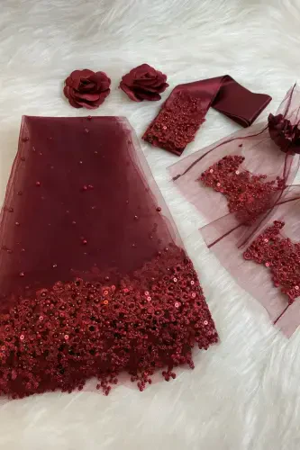 Bordo Vip Gelin Duvak Seti, Papatya Güpürlü Boncuklu Pullu Incili Kına Duvağı Seti 6 Parça-Bordo - 7