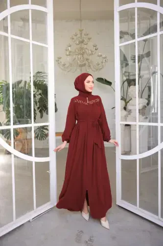 Bordo yoqali boncukli faraja Nsr5016-Bordo - 1
