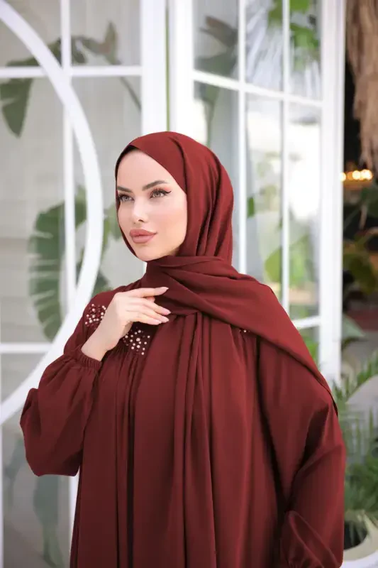 Bordo yoqali boncukli faraja Nsr5016-Bordo - 2