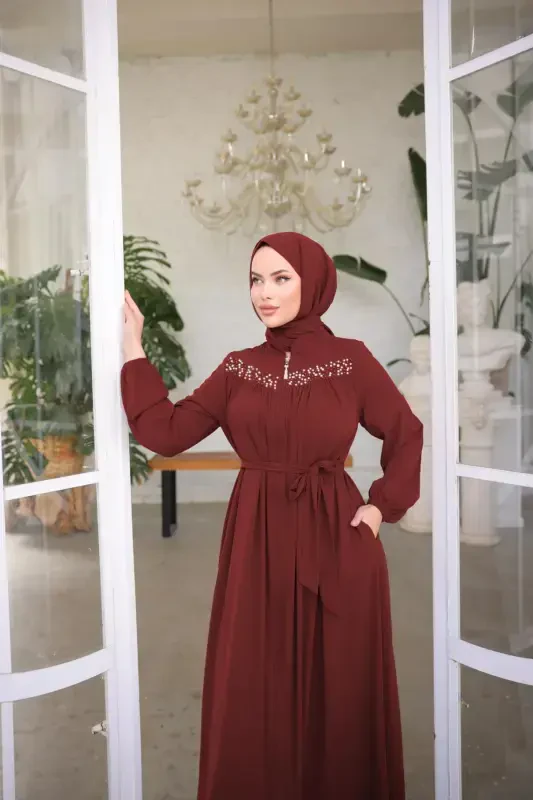 Bordo yoqali boncukli faraja Nsr5016-Bordo - 3