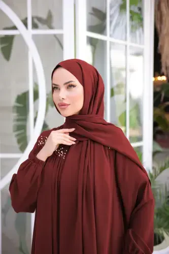 Бордовое платье-халат с бусинами Nsr5016-Bordo - NISSRA (1)